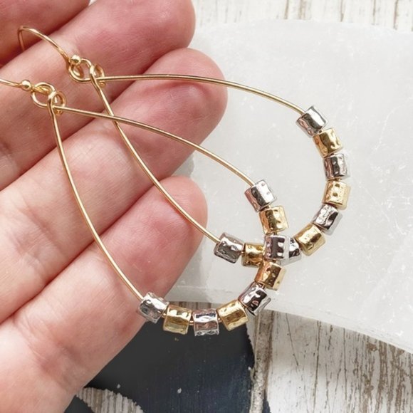 GOLD WIRE BEADS STATEMENT DROP LARGE HOOPS - Picture 2 of 2